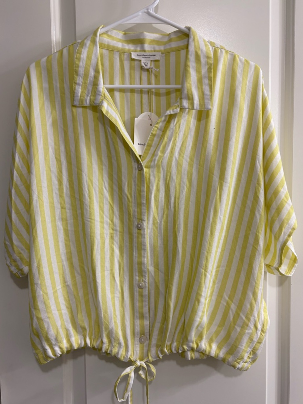 beachlunchlounge Olive Verbena and White Striped Button-Front Tie-Hem Shirt